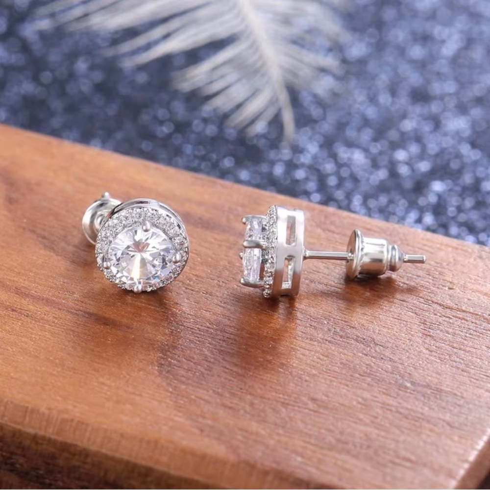Silver Diamond Cubic Zirconia Round Stud Earrings - Picture 3 of 4